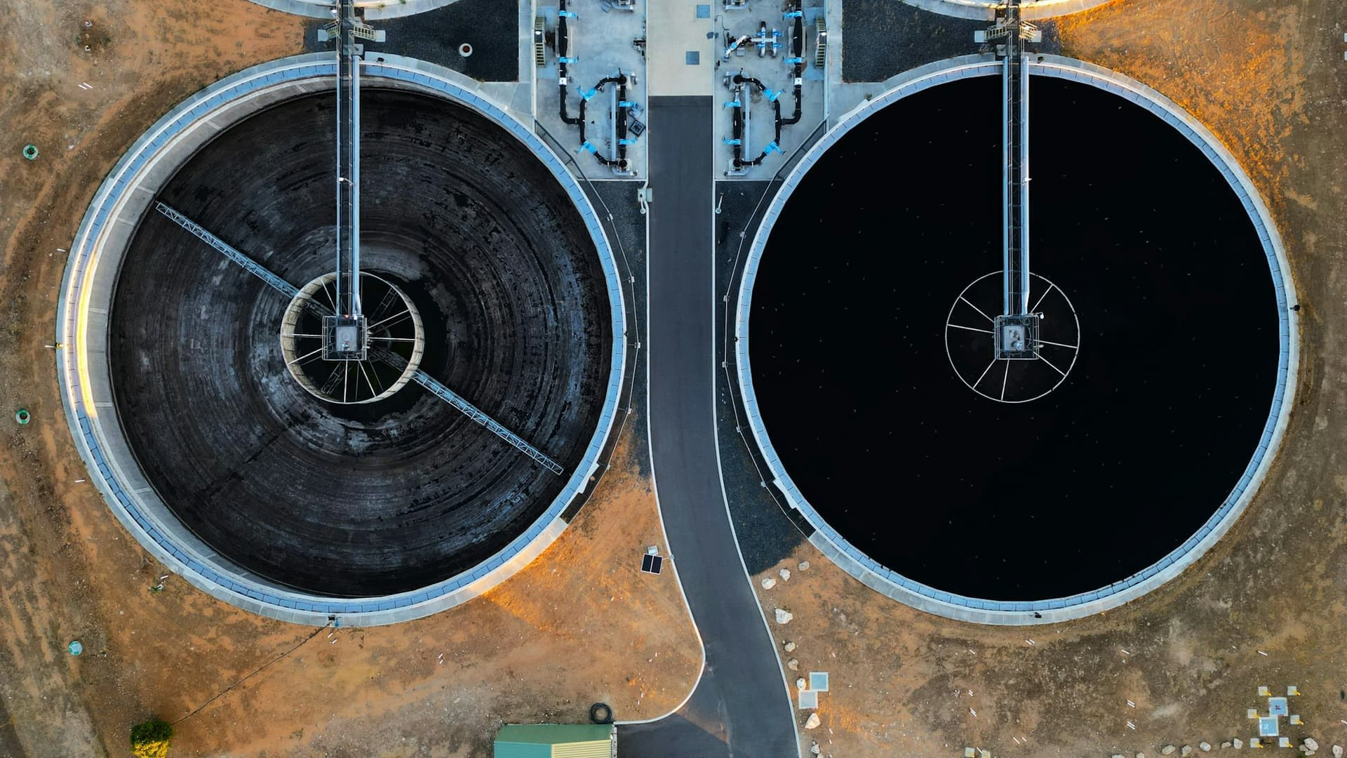 Aerial view of wastewater treatment clarifiers